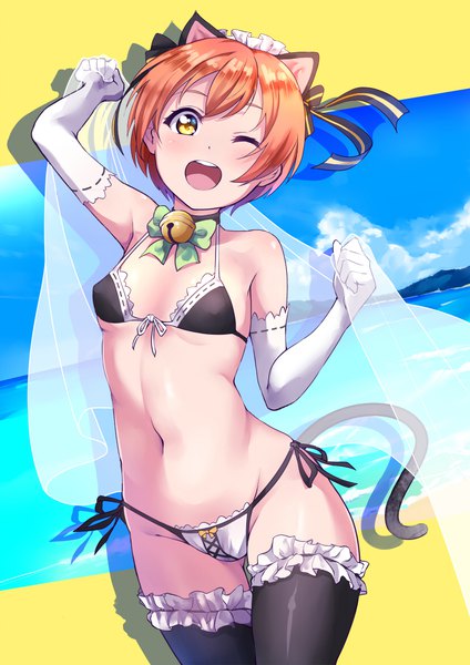 Anime picture 826x1169 with love live! school idol project sunrise (studio) love live! hoshizora rin kanabun single tall image looking at viewer blush short hair breasts open mouth light erotic smile standing animal ears yellow eyes sky cloud (clouds) tail