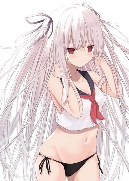 Anime picture 1036x1450 with original mm2k single long hair tall image blush fringe light erotic simple background red eyes standing white background bare shoulders payot silver hair bare belly two side up looking down messy hair lowleg