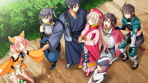 Anime picture 1280x720 with sengoku hime 4 long hair short hair black hair blonde hair wide image multiple girls brown eyes yellow eyes pink hair game cg eyes closed traditional clothes grey hair multiple boys tears girl boy 4 girls 3 boys