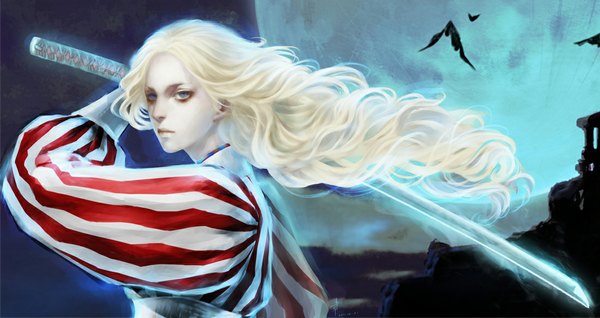 Anime picture 1100x583 with five star stories christine v sun dou single long hair blue eyes blonde hair wide image night pale skin girl weapon sword katana full moon