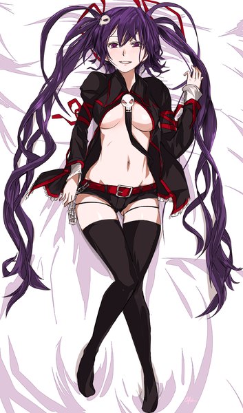 Anime picture 825x1400 with sword girls cafekun single tall image looking at viewer fringe breasts light erotic smile purple eyes purple hair lying very long hair no bra midriff on back girl thighhighs navel ribbon (ribbons)