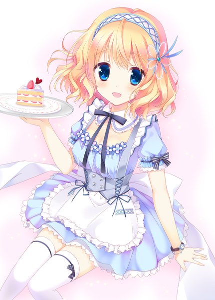 Anime picture 1600x2226 with original kimishima ao single tall image looking at viewer blush short hair open mouth blue eyes simple background blonde hair girl thighhighs dress white thighhighs hairband sweets apron cake tray