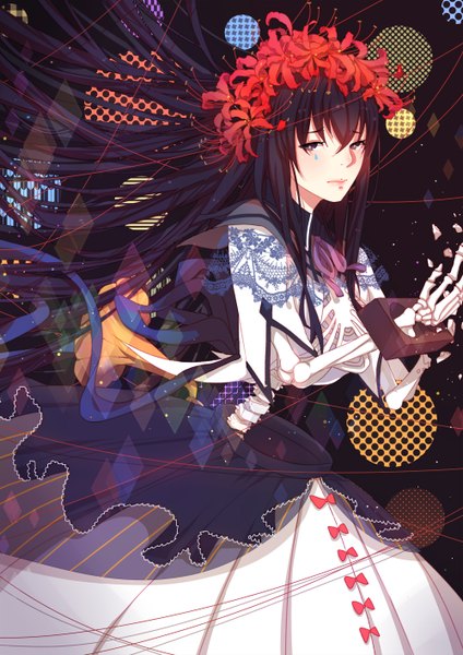 Anime picture 1000x1414 with mahou shoujo madoka magica shaft (studio) akemi homura homulilly mame (yangqi787) single long hair tall image looking at viewer fringe black hair standing lips tears sad skeleton bone (bones) girl dress flower (flowers)