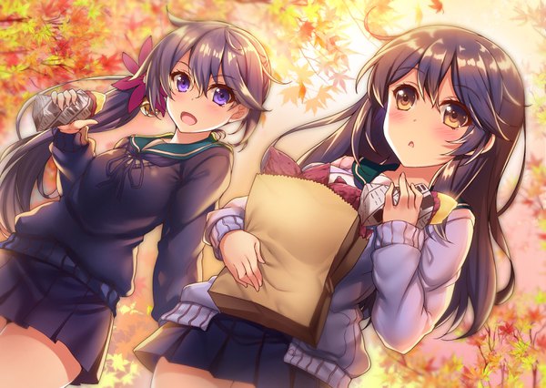 Anime picture 3074x2187 with kantai collection ushio destroyer akebono destroyer raiou long hair looking at viewer blush fringe highres breasts open mouth black hair hair between eyes standing purple eyes multiple girls holding yellow eyes payot looking away