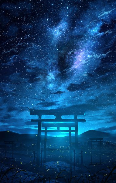 Anime picture 3453x5425 with original skyrick9413 tall image highres signed absurdres cloud (clouds) outdoors blurry night depth of field night sky no people landscape city lights river milky way hill plant (plants) water