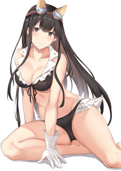 Anime picture 1000x1412 with granblue fantasy jessica (granblue fantasy) terry single long hair tall image looking at viewer blush fringe breasts light erotic black hair simple background white background sitting purple eyes animal ears cleavage bent knee (knees) barefoot