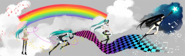 Anime picture 2100x640 with black rock shooter vocaloid koi wa sensou (vocaloid) world is mine (vocaloid) melt (vocaloid) hatsune miku black rock shooter (character) katase waka long hair highres black hair wide image twintails multiple girls cloud (clouds) green hair midriff casual girl dress