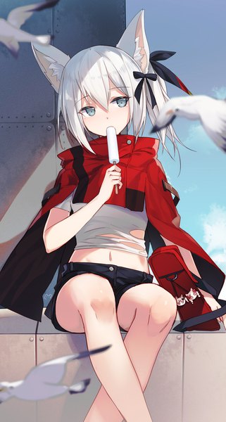 Anime picture 1000x1868 with steelblue mirage bison cangshu single long hair tall image looking at viewer fringe hair between eyes sitting animal ears outdoors white hair head tilt midriff grey eyes fox ears crossed legs torn clothes side ponytail fox girl