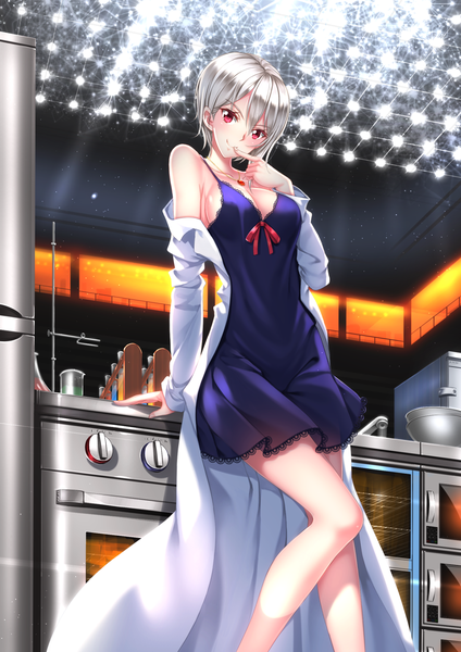 Anime-Bild 1102x1560 mit shokugeki no soma j.c. staff nakiri alice swordsouls single tall image looking at viewer blush short hair breasts smile red eyes white hair finger to mouth girl sundress labcoat