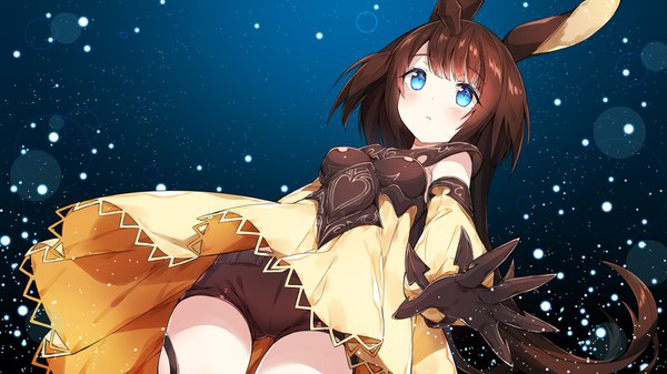 Anime picture 1500x844 with shingeki no bahamut shadowverse moon al-mi'raj chitetan single long hair looking at viewer blush fringe breasts blue eyes light erotic brown hair wide image animal ears from below dutch angle looking down girl dress