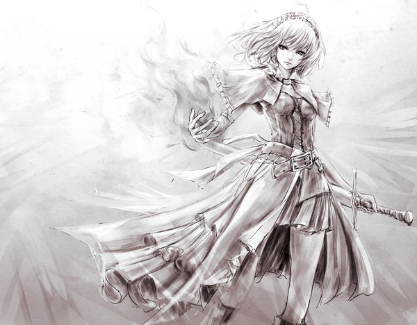 Anime picture 1600x1250 with touhou alice margatroid marimo ouji (artist) single looking at viewer short hair white hair black eyes monochrome sketch girl dress gloves hair ornament weapon sword boots belt hairband