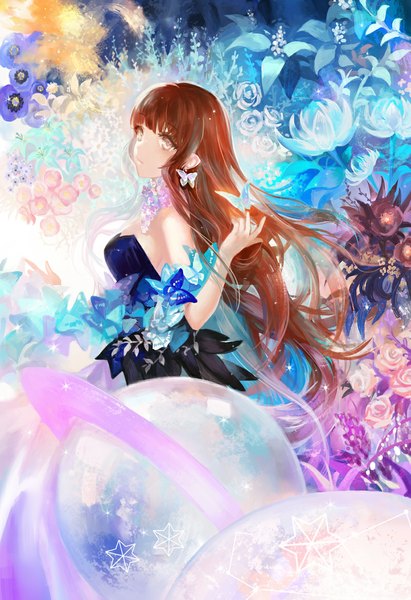 Anime picture 800x1166 with original juexing (moemoe3345) single long hair tall image looking at viewer fringe brown hair bare shoulders brown eyes multicolored hair sleeveless outstretched arm gradient hair girl flower (flowers) earrings rose (roses) insect butterfly