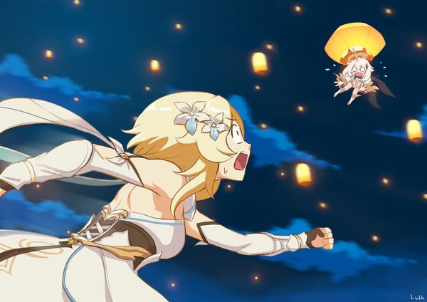 Anime picture 1052x744 with genshin impact lumine (genshin impact) paimon (genshin impact) lutherniel long hair fringe open mouth blonde hair multiple girls signed cloud (clouds) outdoors white hair profile hair flower night night sky outstretched arm flying running