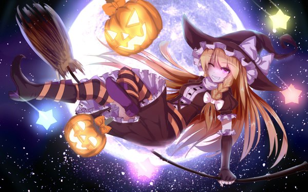 Anime-Bild 2000x1250 mit touhou kirisame marisa bakanoe single long hair looking at viewer highres blonde hair smile sky full body braid (braids) one eye closed pink eyes night short sleeves zettai ryouiki puffy sleeves night sky grin