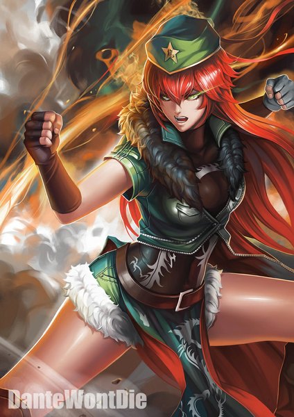 Anime-Bild 744x1053 mit touhou hong meiling dantewontdie single tall image fringe open mouth yellow eyes looking away red hair very long hair arms up fighting stance aura girl gloves navel black gloves jacket belt