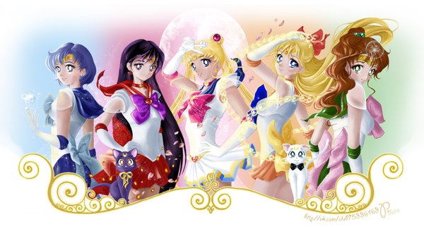 Anime picture 3410x1832 with bishoujo senshi sailor moon toei animation sailor moon kino makoto sailor venus sailor mars sailor mercury sailor jupiter luna (sailor moon) artemis (sailor moon) pillara long hair looking at viewer blush highres short hair blue eyes blonde hair smile red eyes