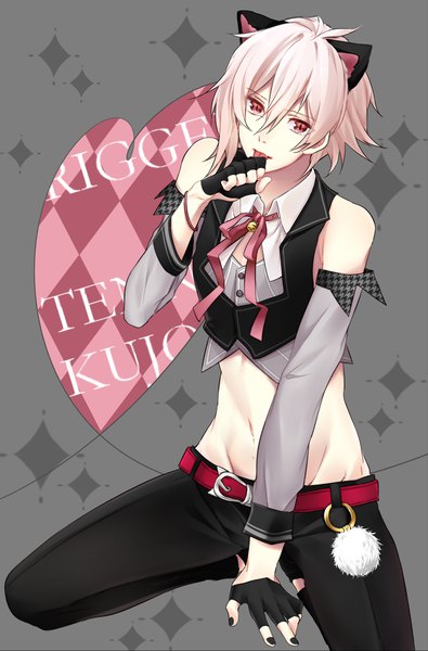 Anime picture 1234x1875 with idolish 7 kujou tenn tagme (artist) single tall image looking at viewer fringe short hair hair between eyes red eyes bare shoulders animal ears pink hair bent knee (knees) nail polish head tilt cat ears grey background arm support bare belly