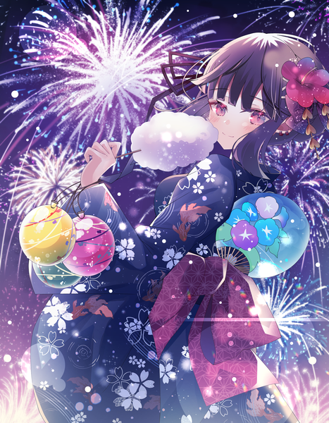 Anime picture 1750x2250 with original aoi yugina single tall image looking at viewer blush highres short hair black hair smile red eyes traditional clothes japanese clothes turning head floral print animal print fireworks festival fish print asa no ha (pattern)