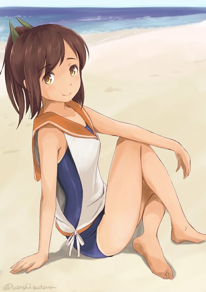 Anime picture 816x1158 with kantai collection i-401 aircraft carrying submarine wa (genryusui) single long hair tall image looking at viewer blush brown hair sitting signed yellow eyes ponytail barefoot light smile beach girl swimsuit sea one-piece swimsuit