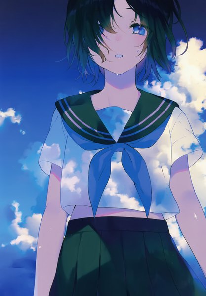 Anime picture 2789x4015 with original achiki single tall image looking at viewer blush fringe highres short hair breasts blue eyes black hair standing sky cloud (clouds) outdoors parted lips pleated skirt scan hair over one eye