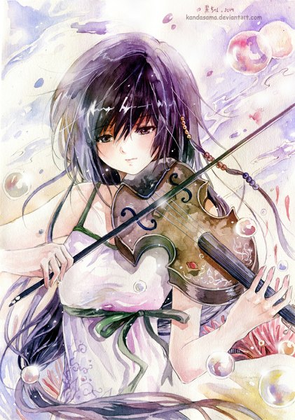 Anime picture 818x1167 with original kandasama single long hair tall image blush fringe purple eyes holding looking away purple hair looking down playing instrument girl ribbon (ribbons) bubble (bubbles) beads musical instrument violin bow (instrument)