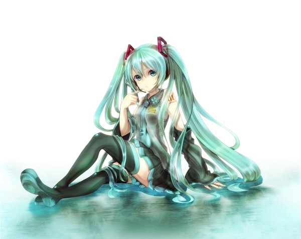 Anime picture 1384x1100 with vocaloid hatsune miku single simple background white background twintails very long hair aqua eyes aqua hair girl skirt detached sleeves miniskirt headphones thigh boots