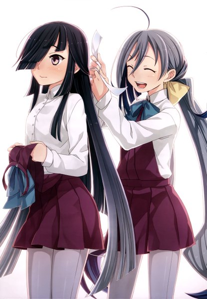 Anime picture 4099x5924 with kantai collection nyantype kiyoshimo destroyer hayashimo destroyer long hair tall image blush highres open mouth black hair white background multiple girls brown eyes absurdres eyes closed grey hair official art girl 2 girls