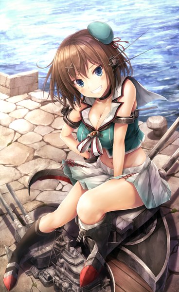 Anime picture 613x1000 with kantai collection maya heavy cruiser suien single tall image blush short hair blue eyes light erotic smile brown hair cleavage girl skirt hair ornament weapon miniskirt boots x hair ornament