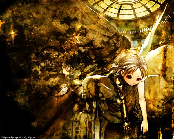 Anime picture 1280x1024 with original kimura daisuke ayasal single looking at viewer short hair blonde hair red eyes lying wallpaper third-party edit white wings mechanical mechanical wings asymmetrical wings girl wings