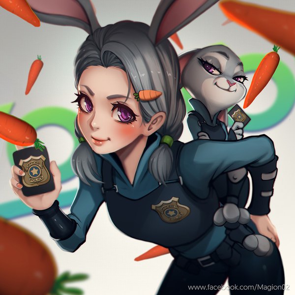 Anime-Bild 900x900 mit zootopia disney judy hopps magion02 looking at viewer blush short hair smile standing purple eyes twintails multiple girls holding signed animal ears grey hair grey background leaning bunny ears depth of field