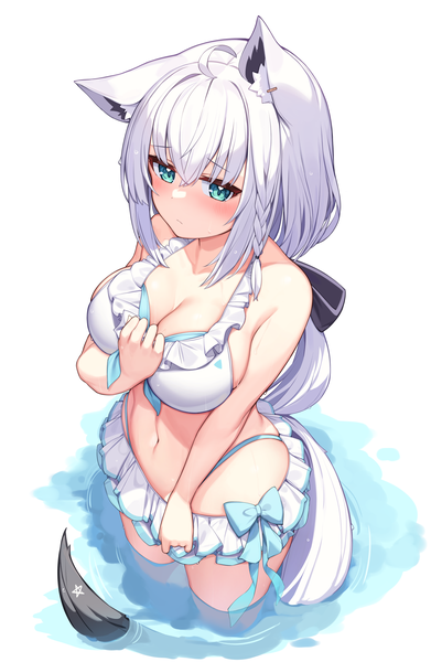 Anime picture 2800x4300 with virtual youtuber hololive shirakami fubuki deaver single long hair tall image blush fringe highres breasts light erotic hair between eyes large breasts animal ears cleavage silver hair ahoge tail braid (braids)