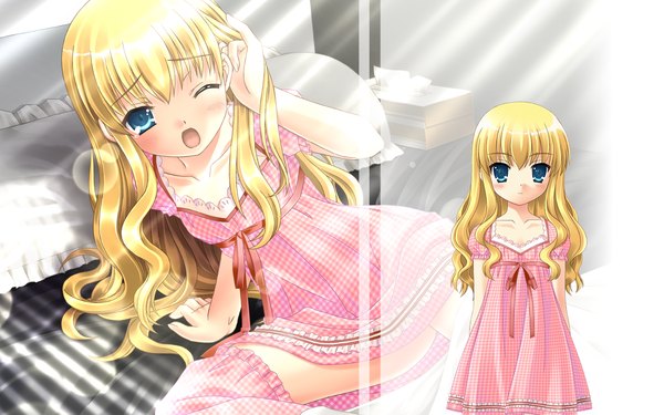 Anime picture 1920x1200 with long hair blush highres open mouth blue eyes blonde hair wide image sunlight pillow