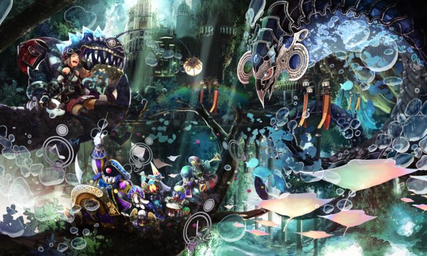 Anime picture 2500x1500 with original tomohito (artist) single highres short hair open mouth brown hair wide image sitting eyes closed teeth fang (fangs) underwater girl thighhighs skirt gloves black thighhighs water glasses