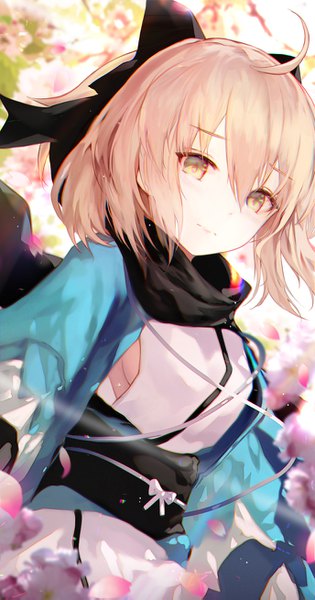 Anime picture 688x1309 with fate (series) fate/grand order koha-ace okita souji (fate) (all) okita souji (koha-ace) jname single tall image looking at viewer blush fringe short hair breasts blonde hair hair between eyes yellow eyes ahoge upper body traditional clothes japanese clothes