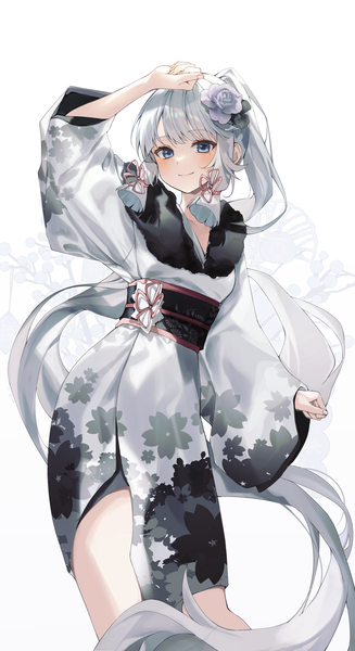 Anime picture 1193x2188 with genshin impact kamisato ayaka solcha single tall image blue eyes smile white background silver hair ponytail very long hair traditional clothes japanese clothes hair flower floral print hand on head girl flower (flowers) kimono obi
