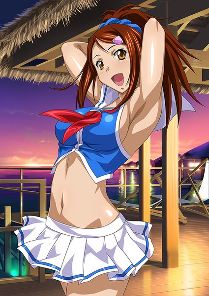 Anime picture 600x847 with ikkitousen bachou mouki single long hair tall image looking at viewer blush breasts open mouth light erotic brown hair brown eyes ponytail midriff girl skirt navel miniskirt