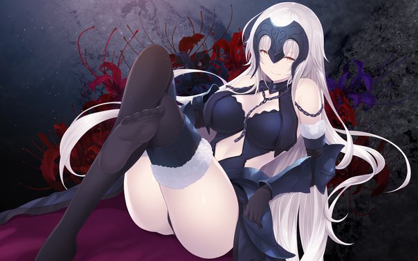 Anime picture 1920x1200 with fate (series) fate/grand order jeanne d'arc (fate) (all) jeanne d'arc alter (fate) jeanne d'arc alter (avenger) (third ascension) (fate) cait single long hair looking at viewer blush fringe highres breasts light erotic bare shoulders yellow eyes cleavage silver hair ass light smile