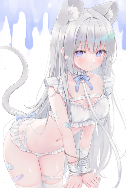 Anime picture 1231x1835 with original shano hiyori single long hair tall image looking at viewer blush fringe open mouth light erotic simple background hair between eyes white background purple eyes animal ears silver hair tail animal tail bound hands mouse ears