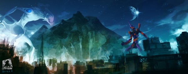 Anime picture 3148x1240 with neon genesis evangelion rebuild of evangelion evangelion: 2.0 you can (not) advance gainax eva 01 bonggo highres wide image horn (horns) night city mountain battle panorama building (buildings) star (stars) monster mecha