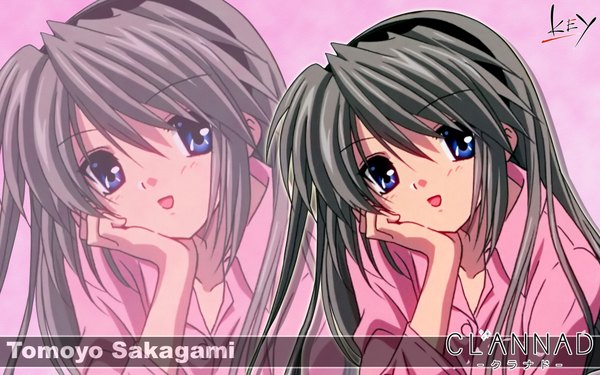 Anime picture 1920x1200 with clannad key (studio) sakagami tomoyo single long hair highres open mouth blue eyes wide image grey hair inscription copyright name zoom layer girl pajamas