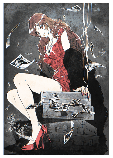 Anime picture 700x980 with lupin iii mine fujiko pizaya single long hair tall image looking at viewer smile brown hair sitting brown eyes full body nail polish high heels border smoke red nail polish girl dress pendant