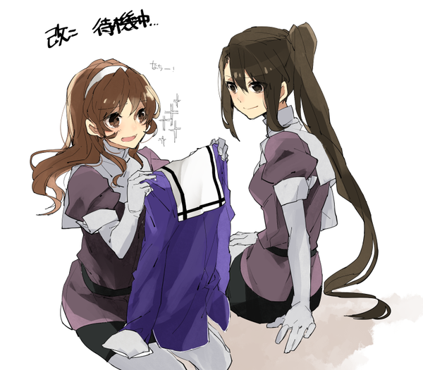 Anime picture 800x700 with kantai collection ashigara heavy cruiser nachi heavy cruiser hita (hitapita) long hair open mouth simple background smile brown hair white background sitting multiple girls brown eyes looking away :d text side ponytail girl gloves uniform