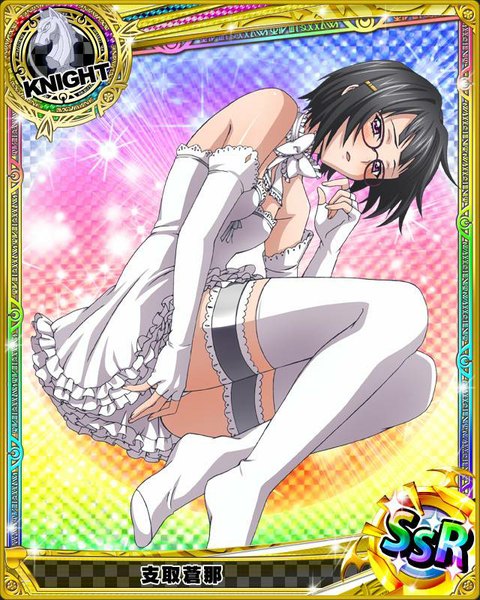 Anime picture 640x800 with highschool dxd sona sitri single tall image blush fringe short hair breasts light erotic black hair purple eyes bare shoulders bent knee (knees) parted lips embarrassed hieroglyph card (medium) girl thighhighs dress