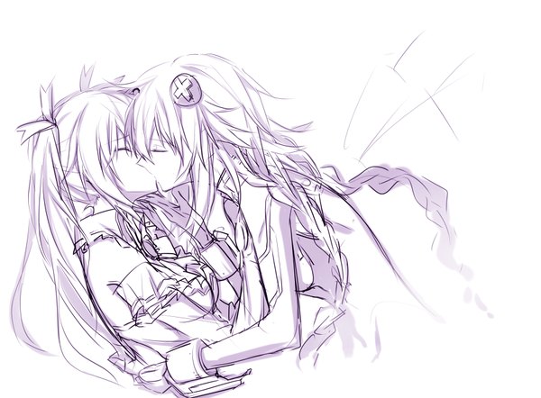 Anime picture 844x623 with choujigen game neptune noire neptune (choujigen game neptune) purple heart hatyo long hair simple background white background twintails multiple girls payot ahoge braid (braids) eyes closed profile hug monochrome shoujo ai kiss hand on face