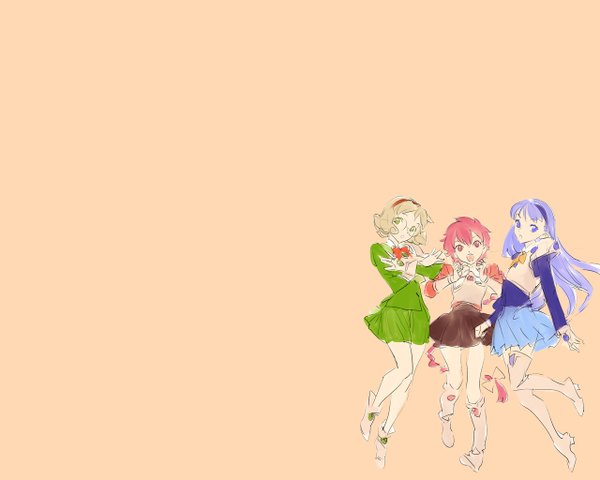 Anime picture 1280x1024 with magic knight rayearth clamp ryuuzaki umi shidou hikaru hououji fuu long hair short hair simple background blonde hair red eyes purple eyes multiple girls blue hair red hair group girl gloves uniform school uniform hairband