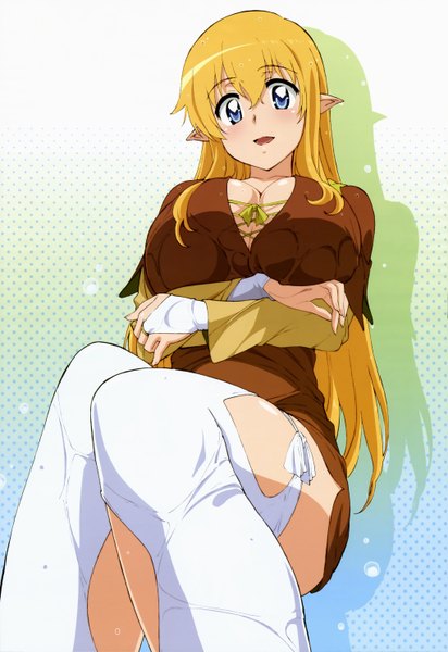Anime picture 4077x5926 with zero no tsukaima j.c. staff nyantype tiffania westwood single long hair tall image highres breasts open mouth blue eyes light erotic blonde hair absurdres pointy ears official art huge breasts elf girl thighhighs
