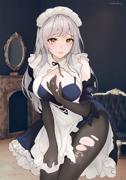 Anime-Bild 1000x1429 mit original chowbie single long hair tall image looking at viewer blush fringe breasts open mouth light erotic large breasts standing signed yellow eyes looking away silver hair indoors maid torn clothes