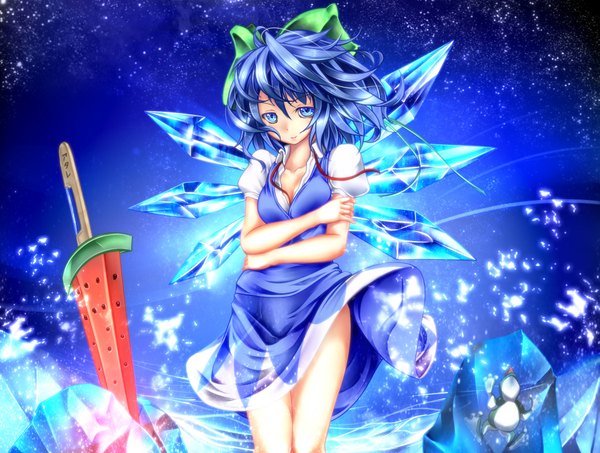 Anime picture 1920x1450 with touhou cirno monikano single looking at viewer highres short hair blue eyes blue hair wind adult girl dress weapon sword wings fruit ice