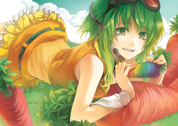 Anime picture 1300x921 with vocaloid gumi rahwia smile green eyes sky green hair girl glasses headset
