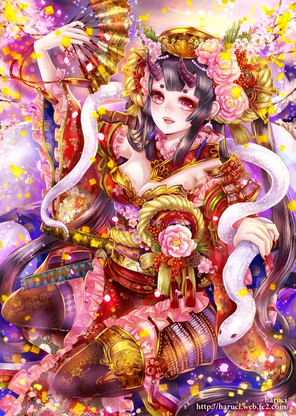 Anime picture 1069x1500 with original haruci single tall image looking at viewer open mouth black hair red eyes very long hair traditional clothes japanese clothes hair flower horn (horns) oni horns girl thighhighs hair ornament flower (flowers) weapon animal